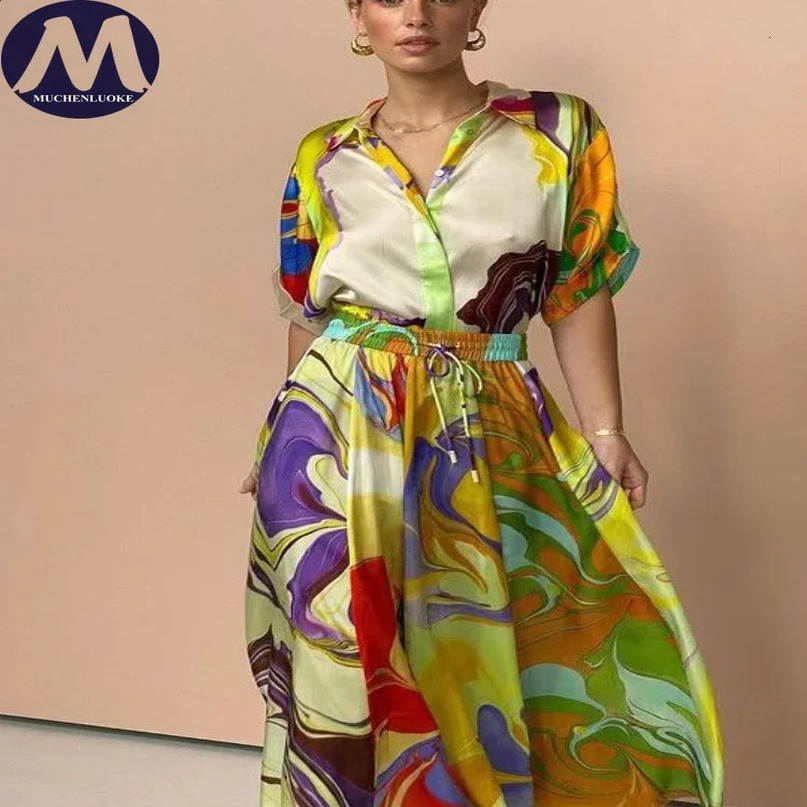 Elegant 2piece Sets for Women Summer Fashion Printing Half Sleeved Shirt Top Suits Casual Loose Lace Up High Waisted Skirt Set 240729