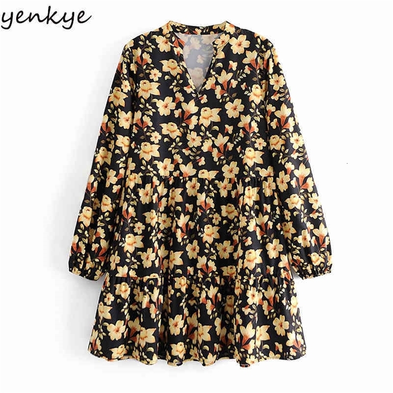YENKYE Vintage Yellow Floral Print Dress Women Lantern Sleeve V Neck Pleated Casual Loose Dress Spring Plus Size Short Vestido 210515