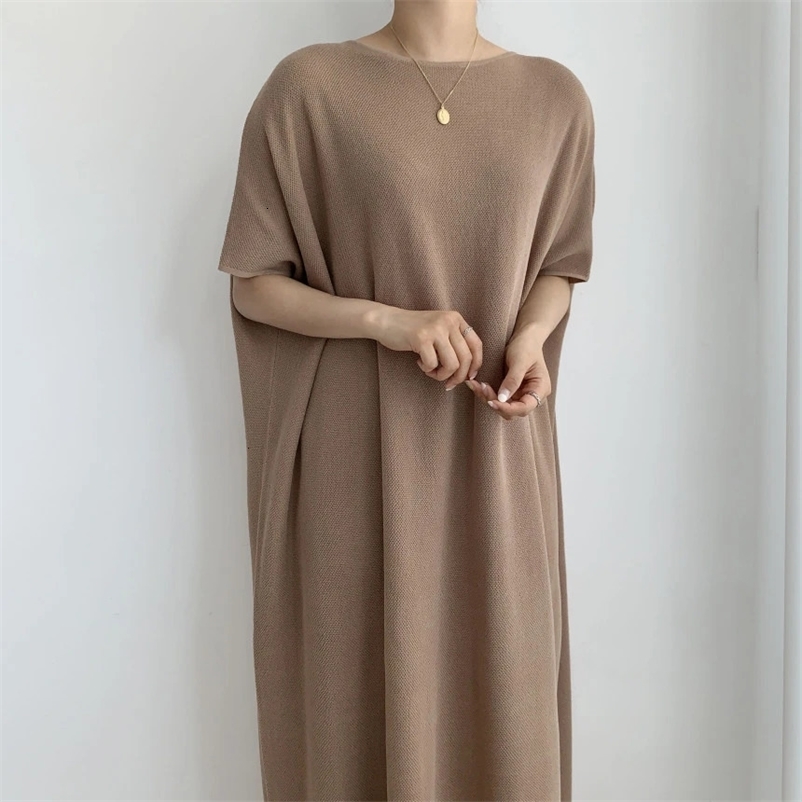 REALEFT Summer Casual Loose Knitted Womens Dresses Solid Short Sleeve O-Neck Black Knitwear Long Dress Female 240703