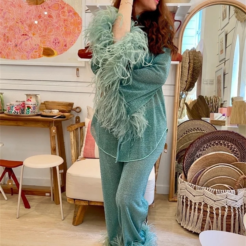 Womens Fashion Shiny Feather Solid Shirt Trouser Set Unique Collar Single Chest Top Autumn Set Womens Holiday Pants Set 241203