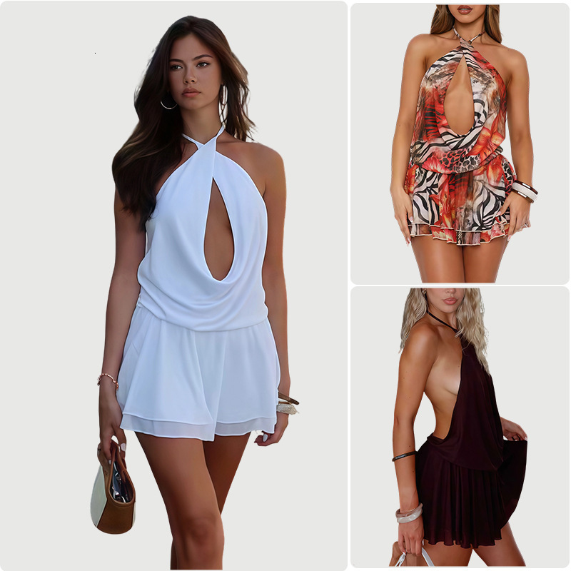 2025 Autumn New Women's Sleeveless Top Sexy Hollow Out Backless Cross Halter Dress