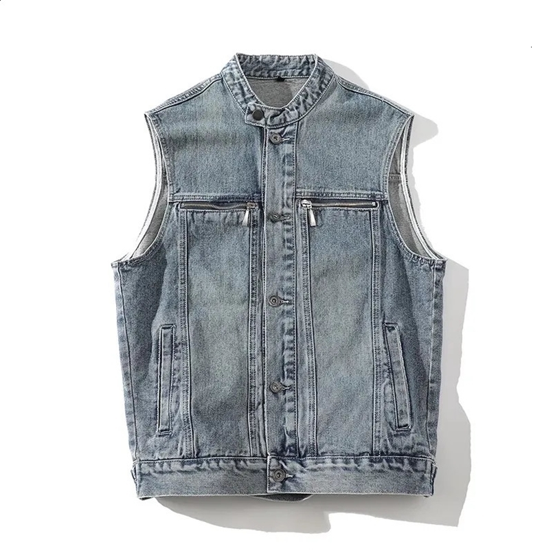 Autumn Denim Vest Men Sleeveless Vintage Moto Biker Jean Jacket Coat Fashion Casual Mens Stand Collar Denim Waistcoat Streetwear 250206