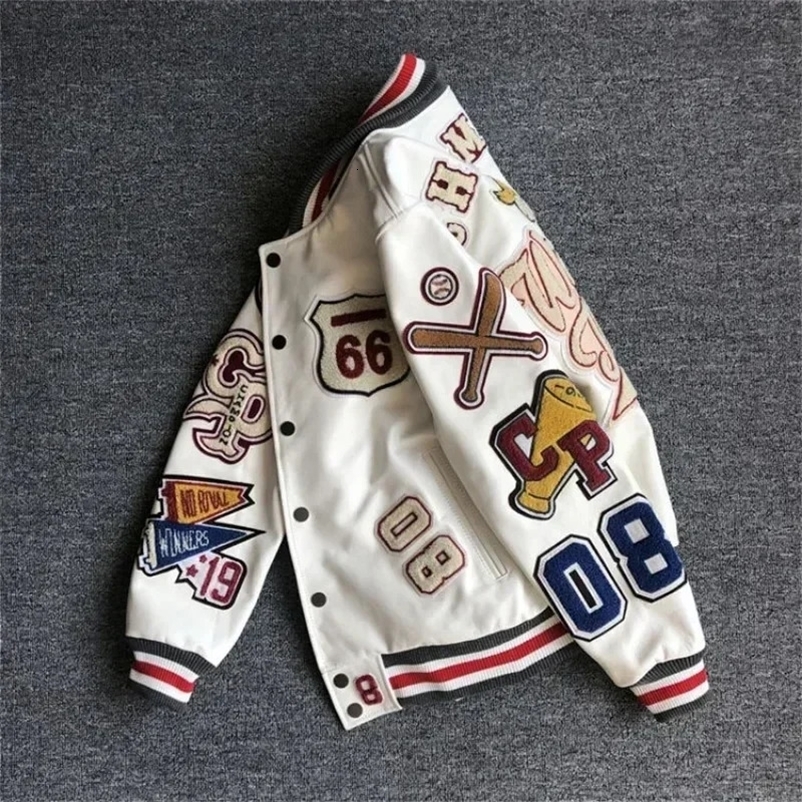 Mens spring and autumn baseball uniform Y2K retro trend leather jacket heavy industry embroidery white short coat ins 240716