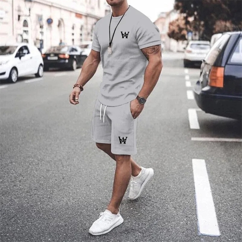 Men Summer Outfits 2 Piece Sets Fashion Short Sleeve Muscle Tee Shirts And Shorts Beach Set Sports Tracksuit For Men 240229