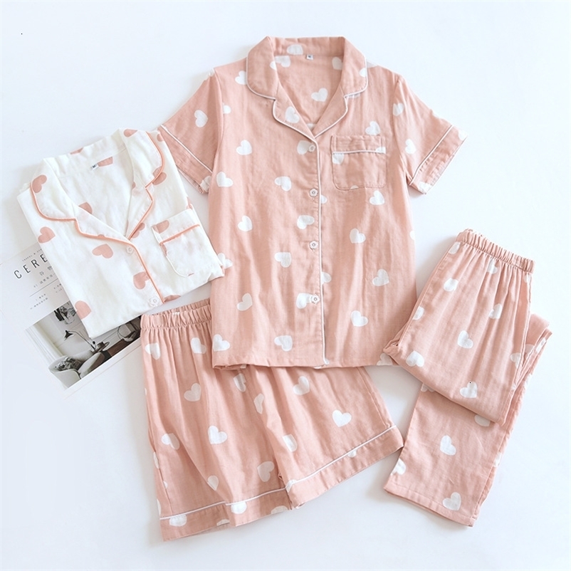 Women's Sleepwear spring and summer women's pajamas three-piece set short sleeves shorts trousers 100%cotton gauze love print homewear set 2
