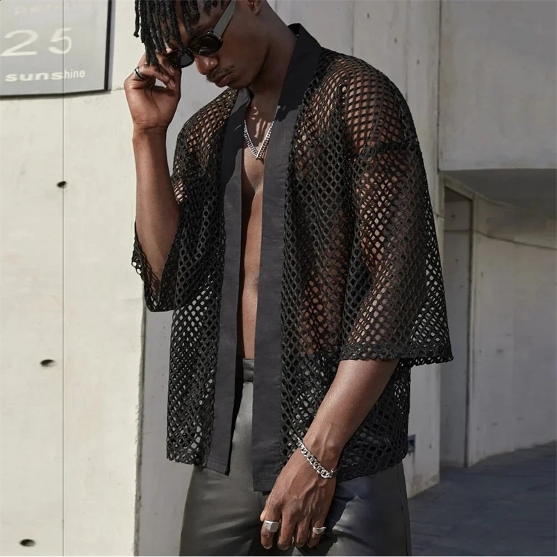 Mens Mesh Tops Hollow Out T-shirt Masculine Cardigan Shawl Streetwear Mens Fashion Performance Wear Top Shirt Chemise Homme 250118