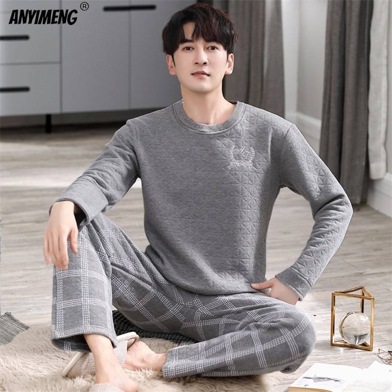 Men's Sleepwear Young Men Winter Three Layer Cotton Pajamas Set Grey Thick Homesuit Plaid Pants Nightwear Men Sleepwear Round Collar Pijamas 2303