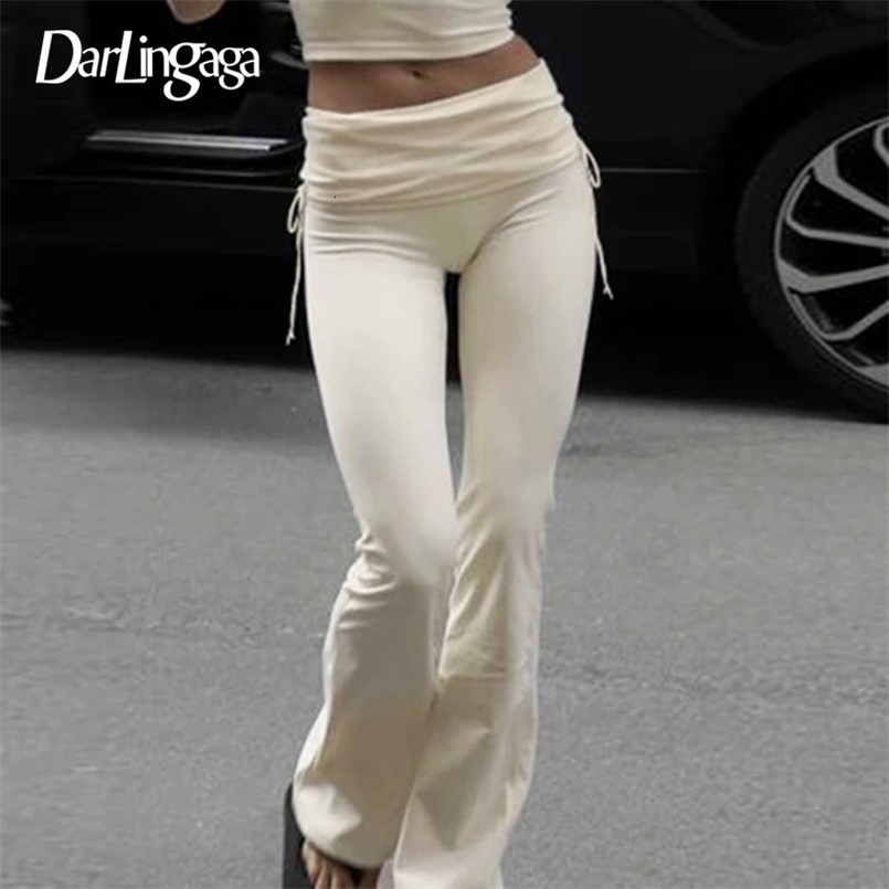 Darlingaga Casual Drawstring Tierred Folds Skinny Flare Pants Women Streetwear Basic Sweatpants Low Waist Sporty Chic Trousers 250304