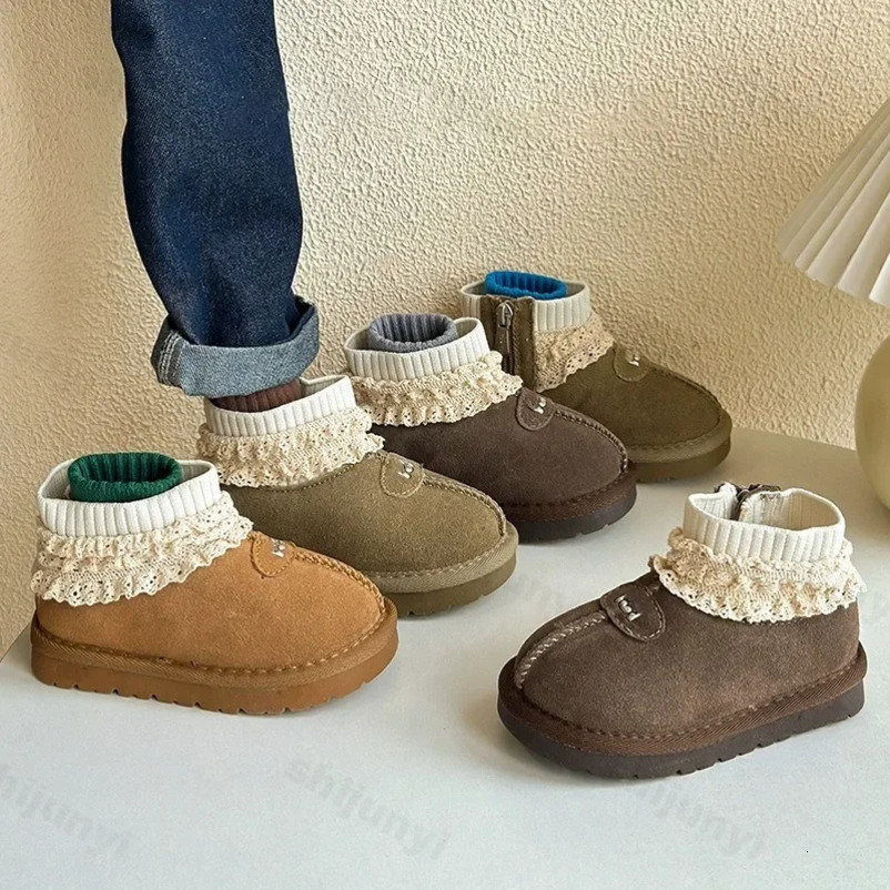Winter Children Fur Suede Snow Boots Girls 2025 Fashion French Lace Edge Princess Boots Baby Warm Soft Flat Cotton Shoes 241219