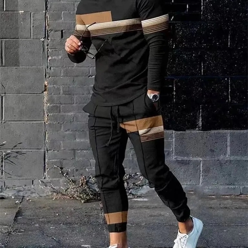 Autumn mens track and field clothing 2-piece set trend O-neck long sleeved T-shirt pants oversized loose clothing sports style mens clothing 241203