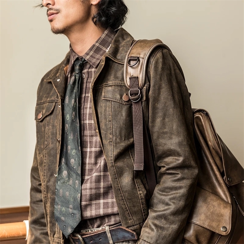 Leather Jacket Coat Mens Long-Sleeved Lapel Pu Matte Brown Retro Casual American Loose Short Leather Single-Breasted SlimAutumn 240530