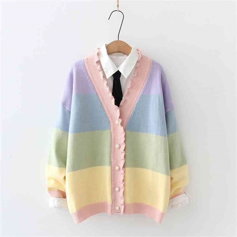 Women Cardigan Knitted Sweater Rainbow Patchwork V Neck Single Breasted Casual Clothes Summer Sweet Style Female Tops 210812