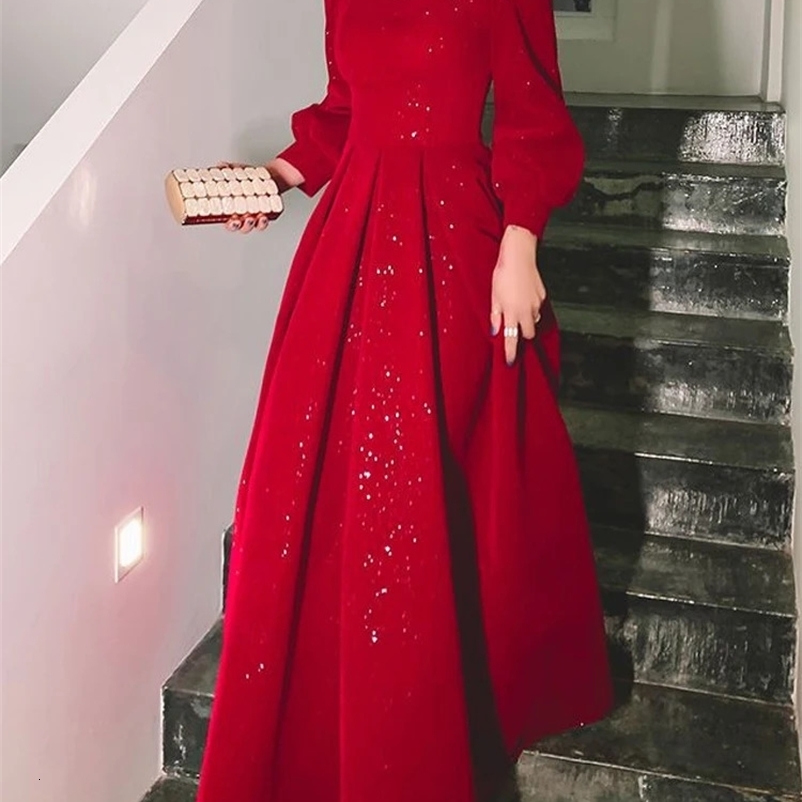 Elegant red sequined Midi dress for women retro V-neck formal occasion evening dress party dress fashionable and chic dress 241231