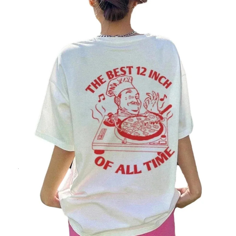 Retro oversized hippie cool pizza vinyl record graphic T-shirt mens street clothing funny food fashion top 250321