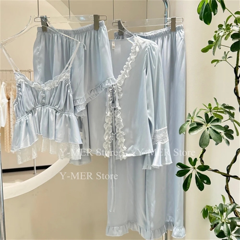 Blue Pajama Set Elegant Home Clothing Ice Silk Pajama Womens Loose Trouser Set Four Seasons Casual Clothing Sexy Lace Night Light 250321