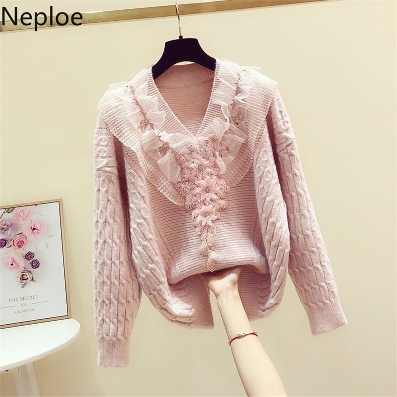 Sweet Knitwear Pullovers Ruffles V-neck Sweaters for Women Heavy Thicken Warm Sueter Lace Patchwork Jumper Winter Clothes 210430
