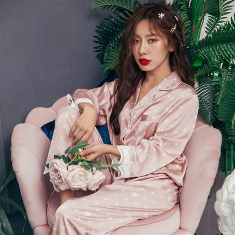 Women's Sleepwear QWEEK Women's Pajamas for Girls Home Suit Pyjama Satin Femme Sweetheart Lounge Set Polka Dot Pijamas Mujer Sleepwear Night