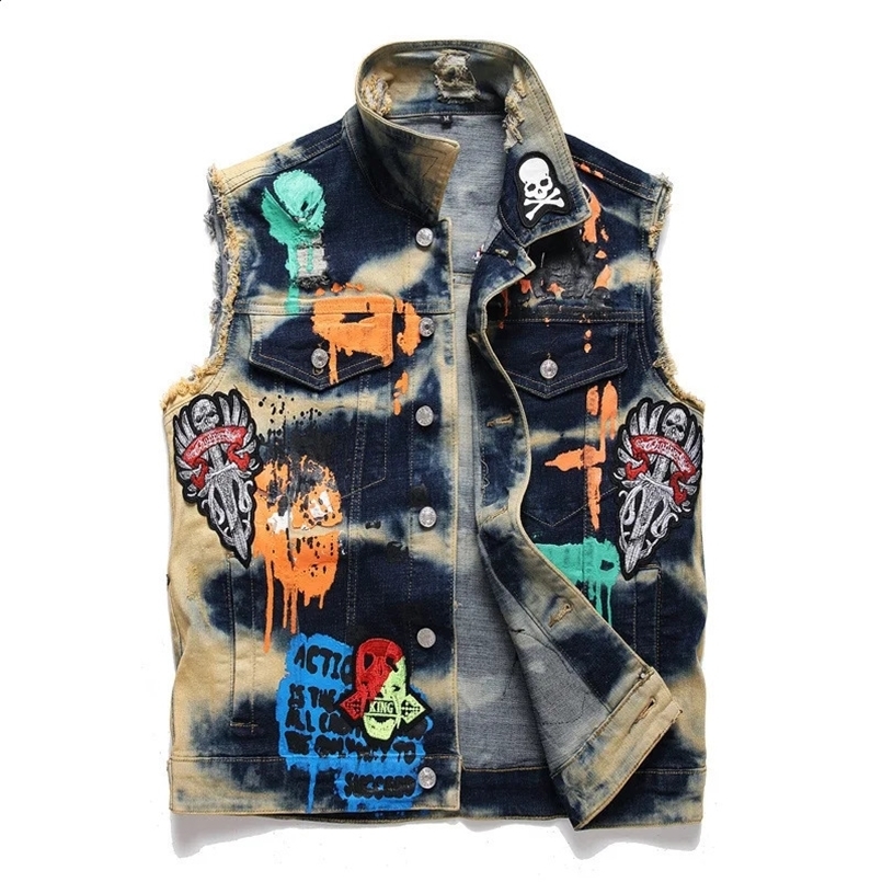 Embroidery Graffiti Denim Vests Mens Punk Denim Waistcoat Sleeveless Outerwear Youth Yashion Jeans Vests Cardigan 250206