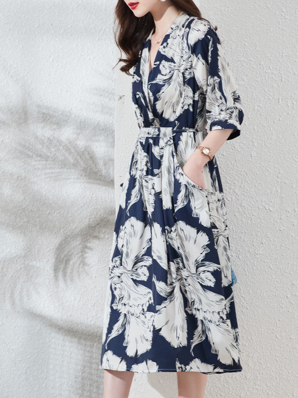 LW13030 Spring and summer new silk dress women's medium-length large size young temperament