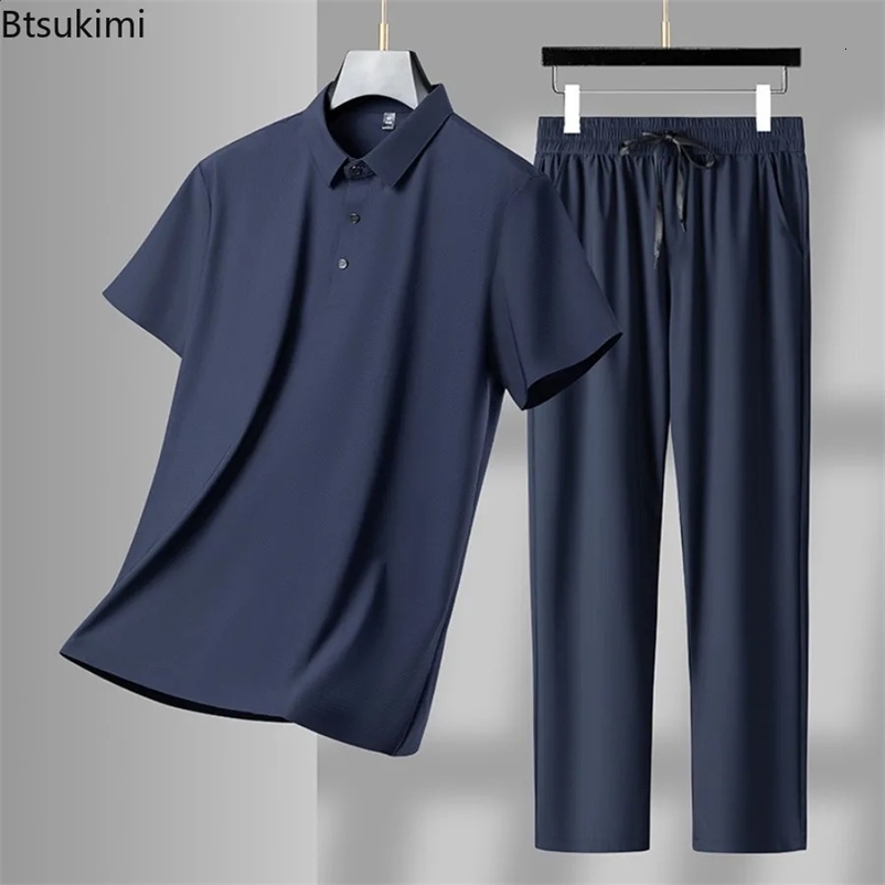 High quality mens casual suit summer cool breathable ice silk sportswear two-piece mens short sleeved polo shirtpants track suit 240930