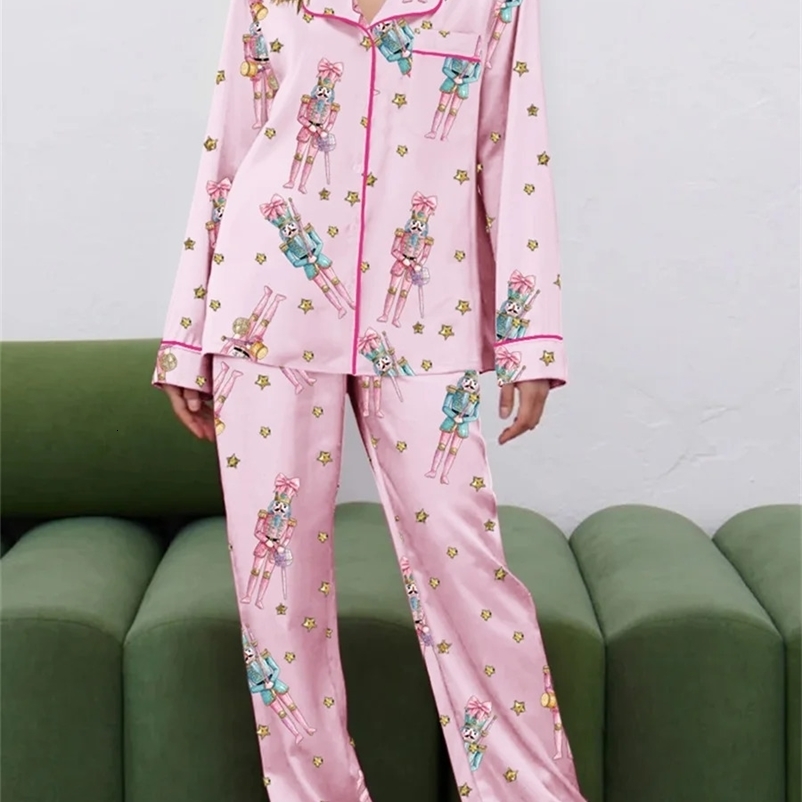 Womens Christmas Pajama Set Cute Nutcracker Printed Long Sleeve Button Down Jacket Satin PJ Set 2-piece Pajama 241203