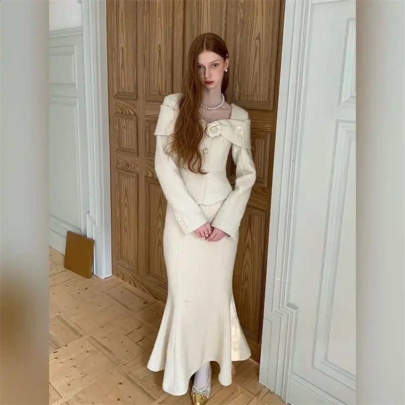 UNXX Small Fragrance Square Neck Wool Blazer Mermaid Skirt Suits Vintage Rose Patchwork Woolen Jacket Long Skirt Two-piece Set 250109