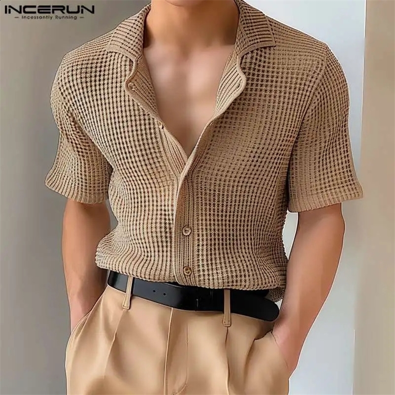 Mens Shirt Solid Color Lapel Short Sleeve Hollow Out Streetwear Casual Men Clothing Summer Fashion Male Shirts S-5XL INCERUN 250118