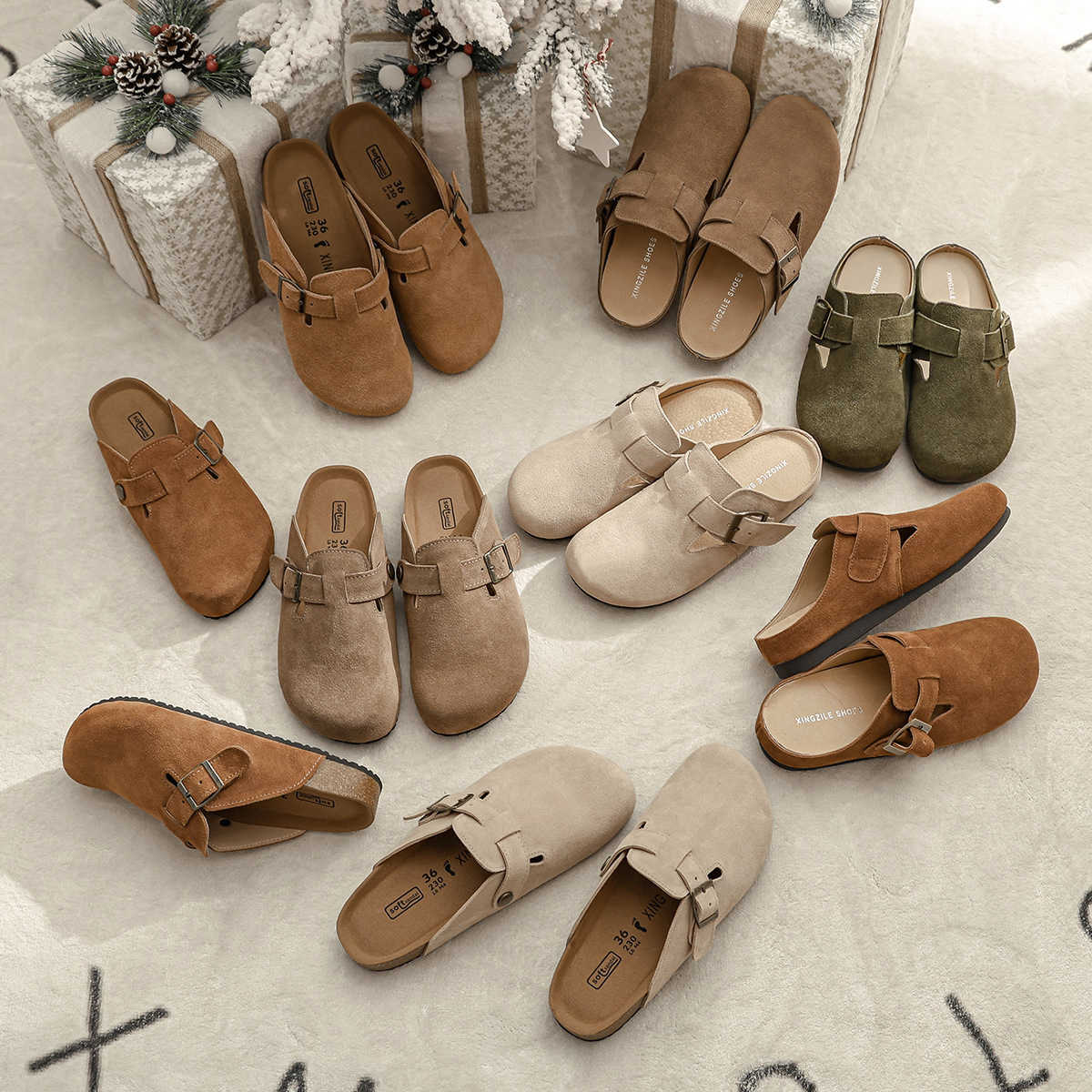 Leather cowhide Birkenstock women's shoes, cork heightening thick-soled slippers, flat-bottom fishing bag-top half-slippers, Japanese-style Birkenstock shoes