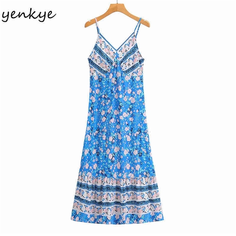 YENKYE Blue Floral Print Holiday Beach Dress Women Sexy V Neck Sleeveless Vestido Mujer High Waist A-line Casual Summer Dress 210515