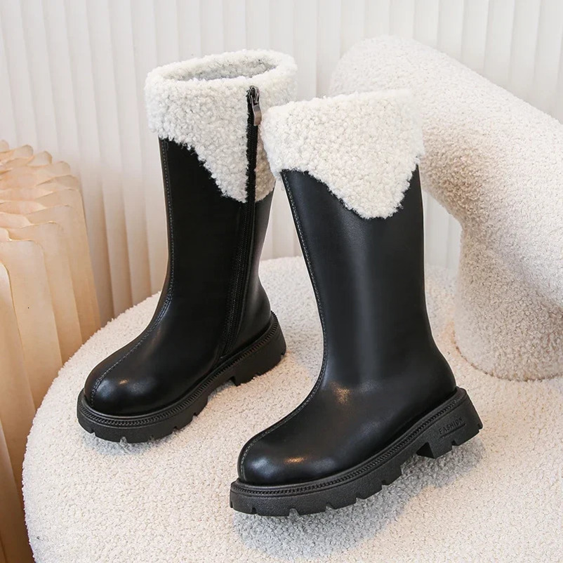 Children High Boots for Girls Winter Fashion British Style Soft Bottom Anti-slippery Versatile Leather Shoes with Fur 241219