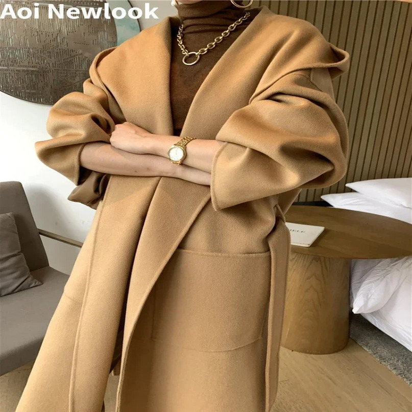 Vintage Elegant DoubleSided Cashmere Coat Women Autumn Winter High Quality Hooded Thickened Large Size Loose Wool 241217
