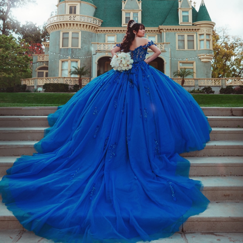 Royal Blue Shiny Quinceanera Dresses Off The Shoulder Applique Lace Beading Crystal Tull Party Birthday Sweet 16 Dress Vestidos 15 De Anos