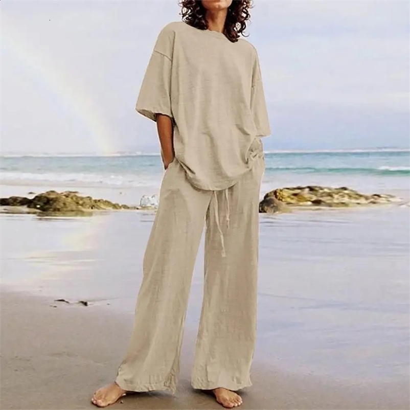 Fashion Women Tracksuit Sets Casual Solid Color Half Sleeve O-neck Pullover Wide Leg Pant Suits Female ensemble jogging femme 240809