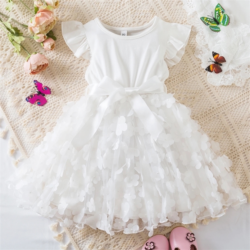 Summer White 3D Butterfly Princess Dress for Baby Girls Fly Sleeves Solid Dress Children Birthday Party Tulle Tutu Casual Wear 250305