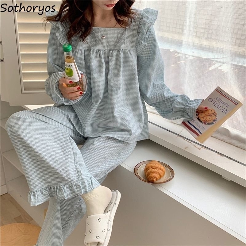 Women's Sleepwear Pajama Sets Women Plaid Harajuku Schoolgirl Sweet Style Autumn Simple Sleepwear Square Collar Ins Lovely Nightwear Daily 230227