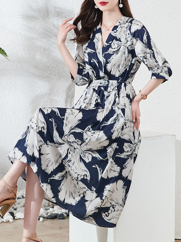 LW13030 Spring and summer new silk dress women's medium-length large size young temperament