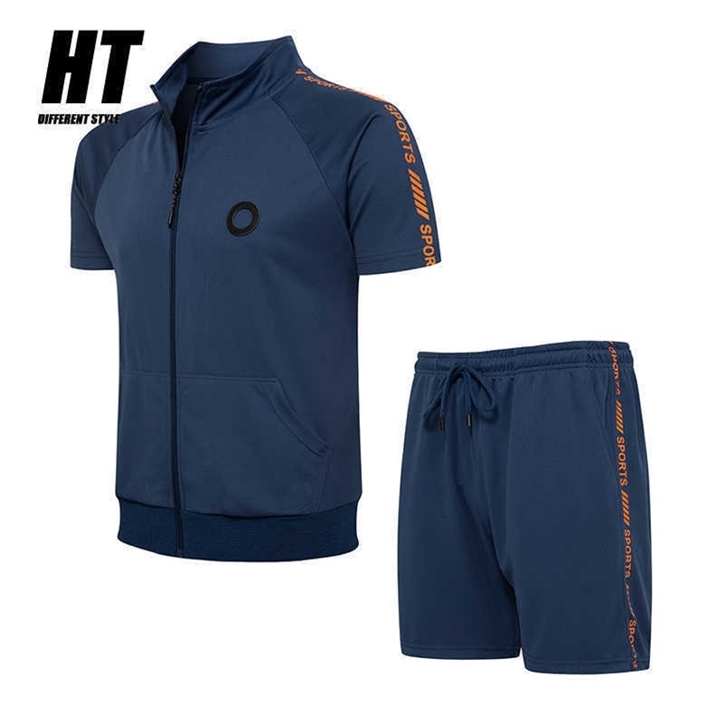 Men's Casual Tracksuit Summer Stitching 2 Pieces Set Short Sleeve Zipper Sweatsuit+sports Shorts Joggers Outfits Gym Clothe Male 210603