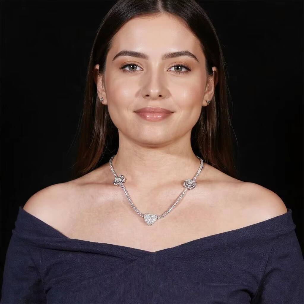 Hip Hop Iced Jewelry 3mm VVS D Color Moissanite Bling 925 Silver Rose Flower Heart Tennis Chain Necklace for Women Gift