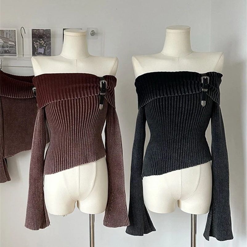 Fashion Simple Classical Knitted Sweater Slash Neck Off Shoulder Long Sleeve Pullovers Flare Sleeve Autumn Winter Y2K Streetwear 240409