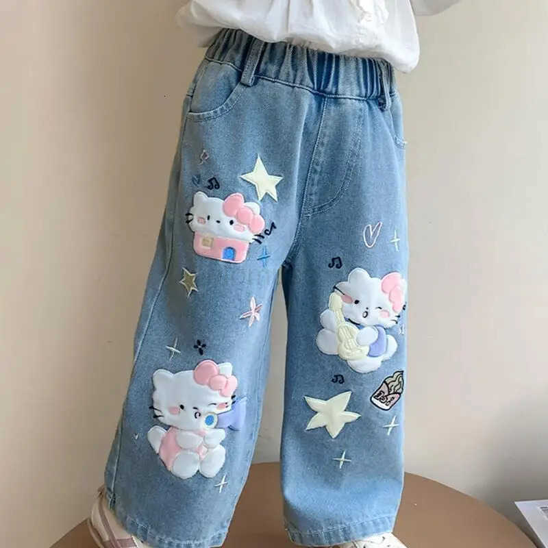 Sanrio Hello Kitty Jeans Girl Spring Autumn StraightLeg Pants Child Versatile Kawaii Anime Cartoon Fashion New Casual Clothing L250925