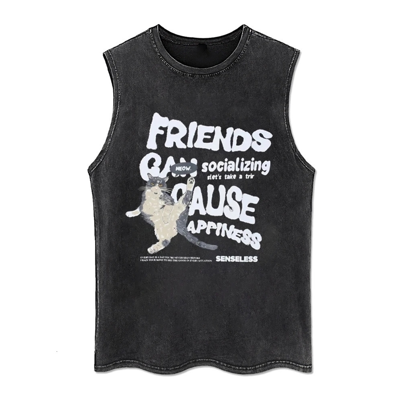 Heaven Letter Printed Tank Tops Animal Cat Tank Top Summer Washed Tshirt Vintage Sleeveless T-shirt Retro Y2k Tee for Man Woman 240703