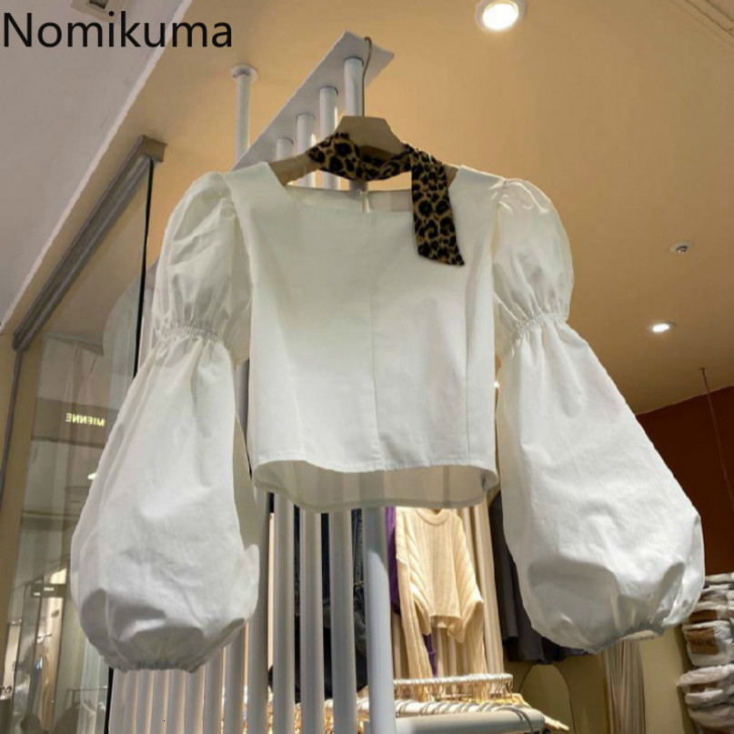 Nomikuma New Square Collar Women Blouse Puff Long Sleeve Korean Short Shirts Autumn Fashion Solid Blusas Feminimos 6C508 210427