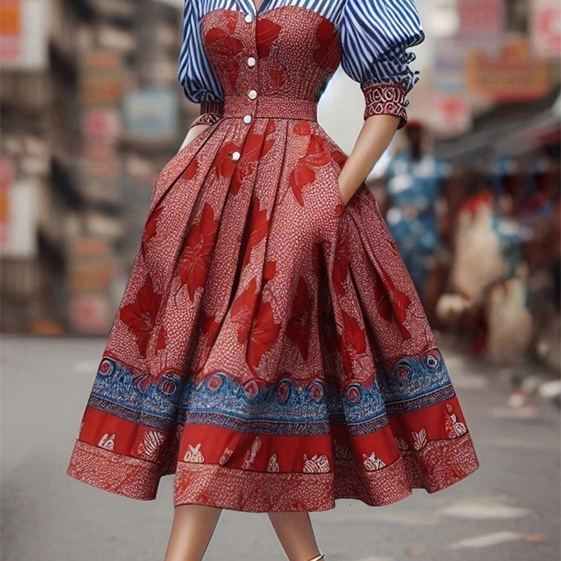 Elegant Womens Dress Striped Floral Patchwork Turndown Collar Shirt Mid-Length Waisted Evening Party Dress Womens Midi Dress 250226