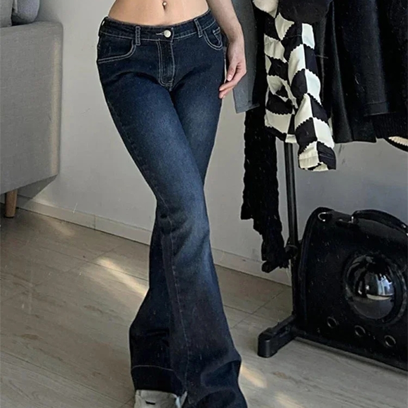 Kalevest Y2K High Street Low Rise Jeans Blue Women Pants Bootcut Pockets Jeans Streetwear Low Waist Jeans Wide Leg Pants 250225