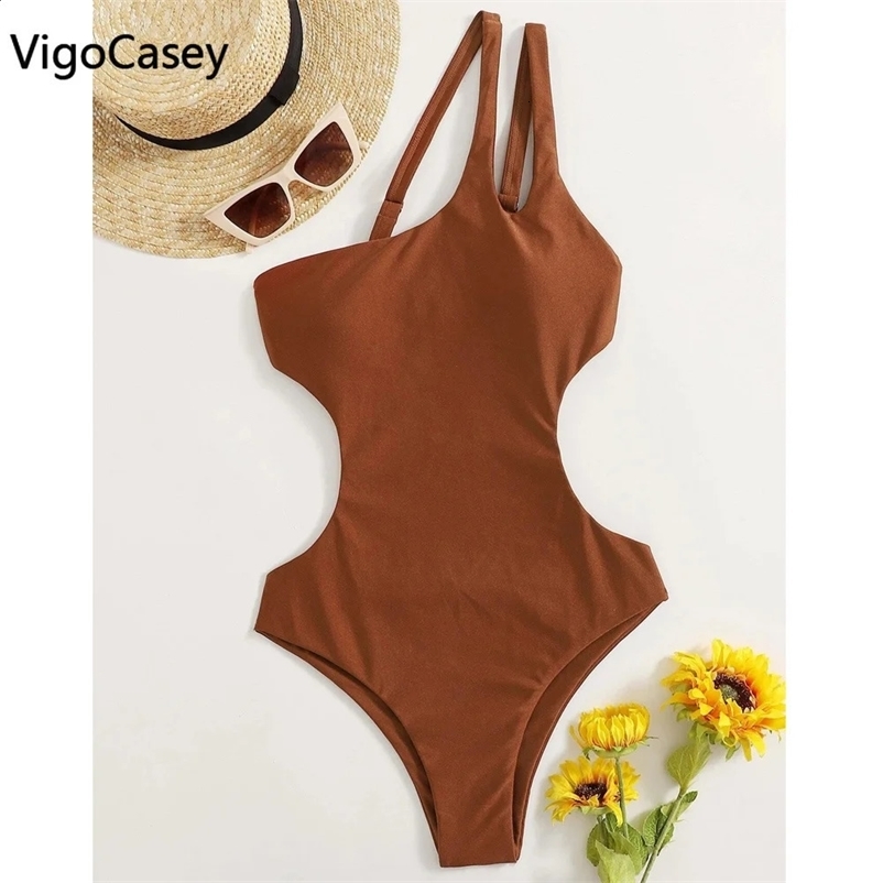 VigorCasey 2025 Solid One Shoulder Swimwear Women Sexy High Waist Hollow One Piece Swimsuit Monokini Backless Beach Bathing Suit 250118