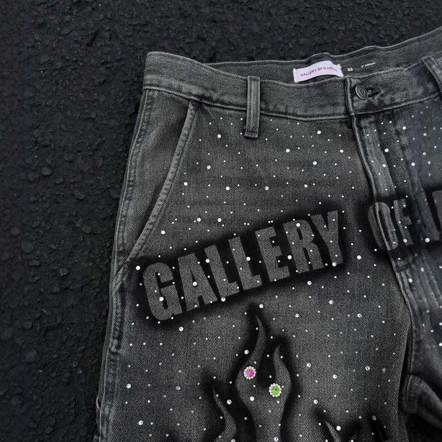 American Fashion Harajuku Blue Flame Rhinestone Short Jeans Mens Loose Casual Summer Wide Legs Street Couple Full of Star 250707