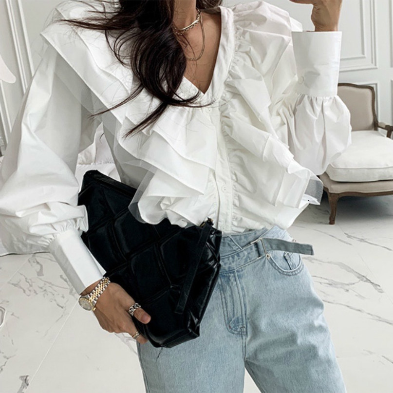 Nomikuma Korean Ruffle Patchwork Blouse Shirt Puff Sleeve V-neck Women Shirt Causal Spring Single Breasted Blusas New 6D929 210427