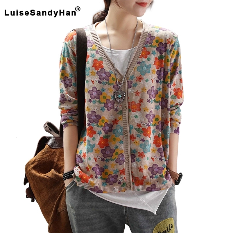 new spring sweater women's shirt long-sleeved cardigan single-breasted printed sweater retro art 201202