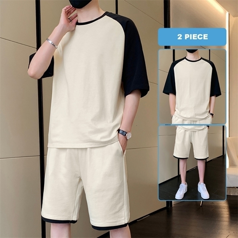 Men's Tracksuits Korean Fashion 2 Piece Set Men Summer Clothes Patchwork Tracksuits Men Sports Wear Streetwear Outfits Men Clothing Pure Cotton 2