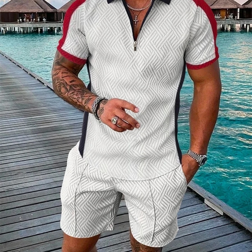 Retro 3D printed mens polo shirt set with zipper lapel polo shirt set with zipper necklace and shorts 2 pieces of Hawaiian holiday style mens sportswe
